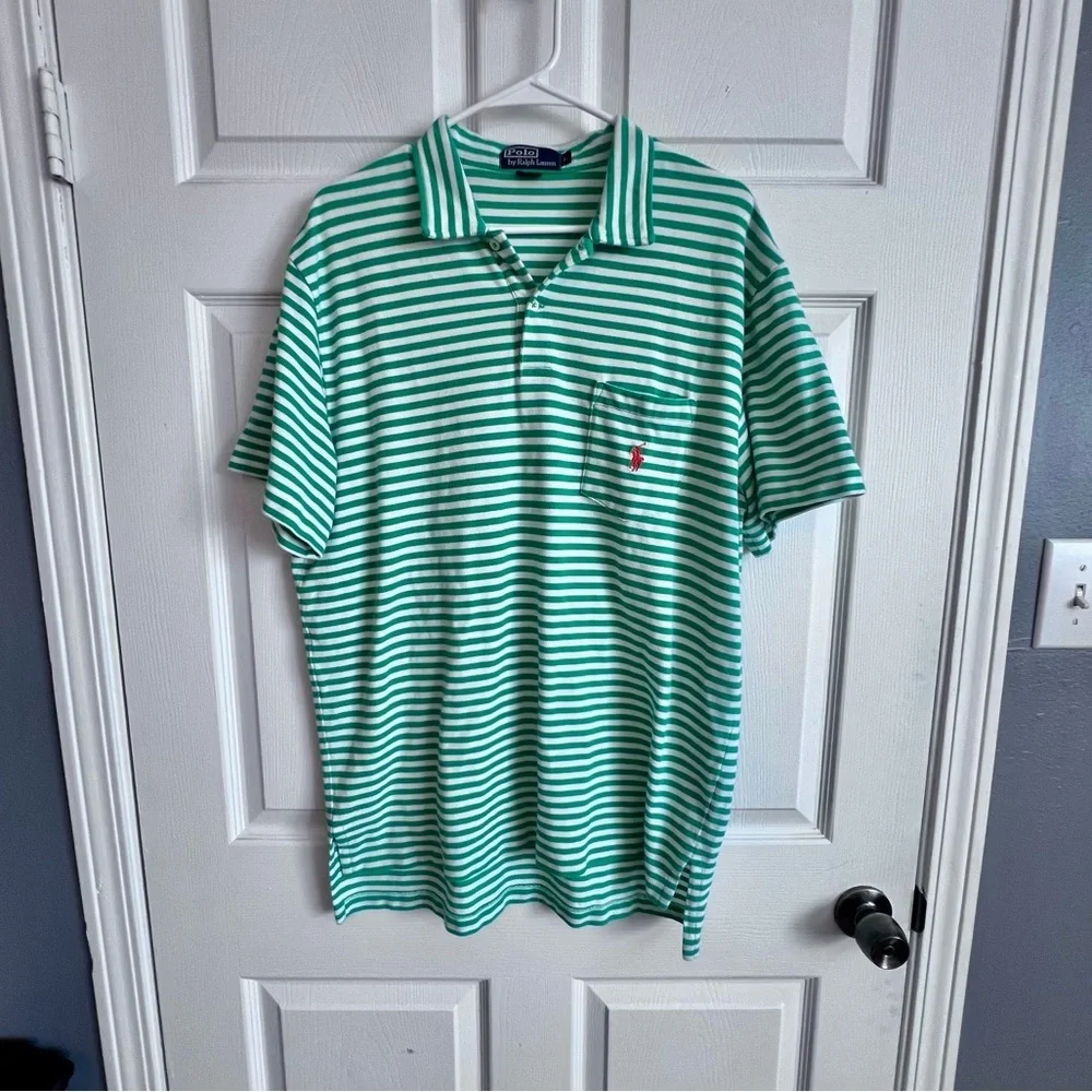 Polo Ralph Lauren VTG Men's Large‎ Green White Striped Polo 100% Cotton Preppy